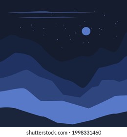 abstract wavy shapes mountain and hills night landscape, vector illustration scenery in blue color palette