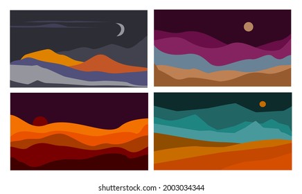 abstract wavy shapes mountain and hills night landscapes set, vector illustration scenery in earthy color palette