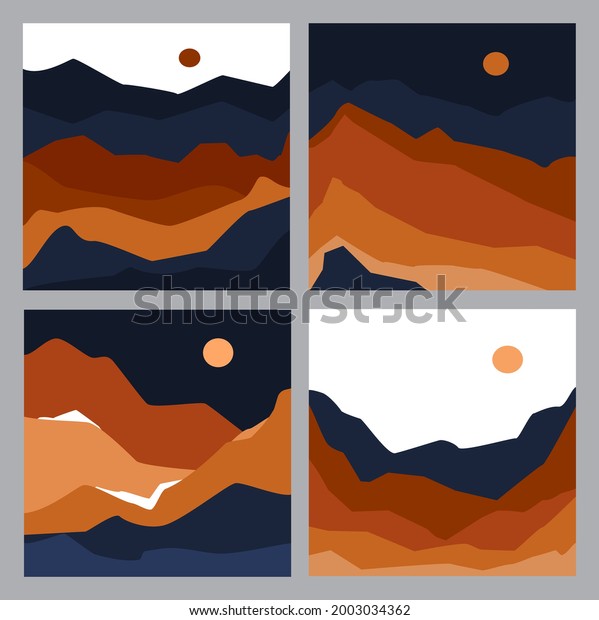 abstract wavy shapes mountain and hills\
landscapes set , vector illustration graphic scenery in earthy navy\
blue and terracotta color\
palette