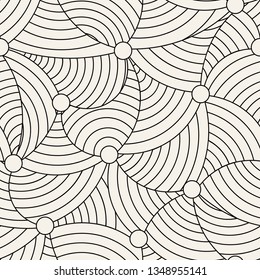 Abstract wavy shapes overlapping as tiles. Grid seamless pattern. Lines and circle structure vector background.