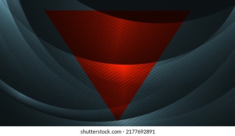 Abstract wavy shiny background with lines and red triangle. Vector glowing design