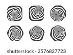 Abstract wavy spiral designs set in black and white with optical illusion effects. Features distorted shapes in rounded and polygonal frames, ideal for logos, branding, and creative projects.