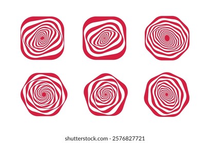 Abstract wavy spiral designs set in red and white with optical illusion effects. Features distorted shapes in rounded and polygonal frames, ideal for logos, branding, and creative projects.