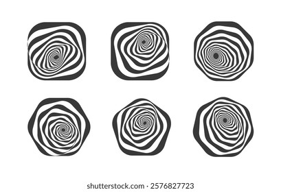 Abstract wavy spiral designs set in black and white with optical illusion effects. Features distorted shapes in rounded and polygonal frames, ideal for logos, branding, and creative projects.