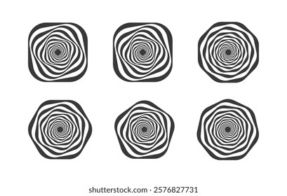 Abstract wavy spiral designs set in black and white with optical illusion effects. Features distorted shapes in rounded and polygonal frames, ideal for logos, branding, and creative projects.