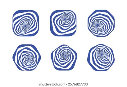 Abstract wavy spiral designs set in blue and white with optical illusion effects. Features distorted shapes in rounded and polygonal frames, ideal for logos, branding, and creative projects.