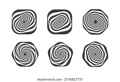 Abstract wavy spiral designs set in black and white with optical illusion effects. Features distorted shapes in rounded and polygonal frames, ideal for logos, branding, and creative projects.