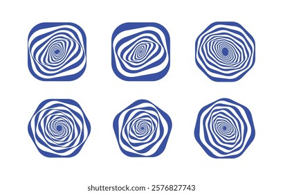 Abstract wavy spiral designs set in blue and white with optical illusion effects. Features distorted shapes in rounded and polygonal frames, ideal for logos, branding, and creative projects.