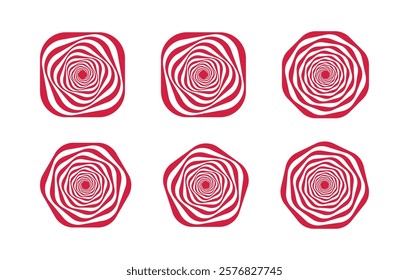 Abstract wavy spiral designs set in red and white with optical illusion effects. Features distorted shapes in rounded and polygonal frames, ideal for logos, branding, and creative projects.