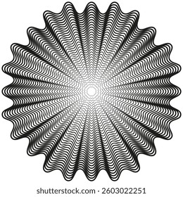 Abstract wavy star. Geometric ripple shape. Optical illusion pattern. Black white contrast.