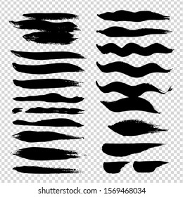 Abstract wavy and straight brushstrokes of different smear saturation isolated on imitation transparent background