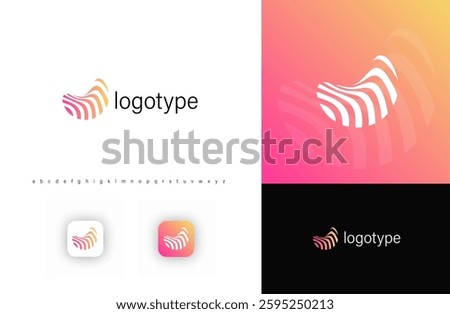 Abstract wavy stripe logo with dynamic flowing effect. Represents movement, innovation, digital identity. Ideal for creative agencies, branding, digital platforms, technology. Stylish vector logo