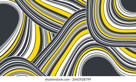 Abstract wavy striped pattern in black, white and yellow creating a dynamic optical illusion effect with modern and energetic flow for textile