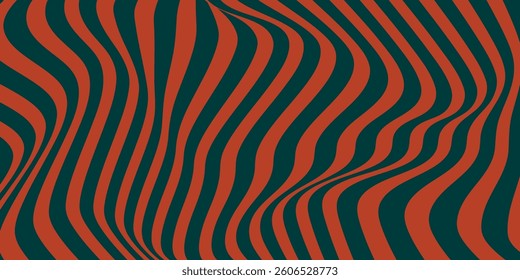 Banner retro groovy listrado ondulado abstrato em contraste vermelho e verde escuro. Padrão abstrato vibrante com listras vermelhas e verdes escuras ondulantes, criando uma experiência visual dinâmica e um sentido 