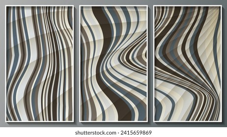 Abstract wavy striped triptych. A composition of three images in white thin frames for interior decoration, blog design, social media accounts, corporate design and your other projects. Vector.
