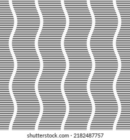 Abstraktes, gewelltes, gewölbtes, Vektornahtloses Muster. Regelmäßige parallele Streifen, Linien. Geometrisches Muster mit schwarzen Streifen. Schwarz-weißer Hintergrund.