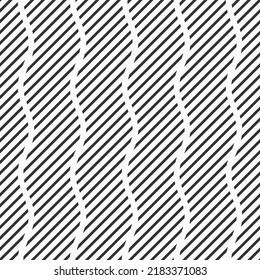 Abstraktes, gewelltes, gewölbtes, Vektornahtloses Muster. Regelmäßige parallele diagonale Streifen, Linien. Geometrisches Muster mit schwarzen Streifen. Schwarz-weißer Hintergrund.
