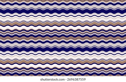 Abstrakte wellenförmige Streifen Hintergrund. Nahtloses Muster in Marineblau, Beige und Weiß. Perfekt für Textildesign, Website-Banner oder Verpackungen.  Stilvoll, modern und vielseitig.