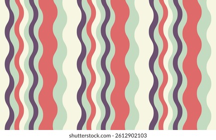 Abstract wavy stripes background.  Vibrant coral, seafoam, and purple hues create a playful, retroinspired pattern perfect for website banners, social media posts, or textile design.