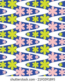 Resumen Tiras onduladas Modulación floral Hipnótica Psicodélica Impermeable Patrón Retro a la moda Colores de moda Perfectos para la impresión de tela de alamante o el envolvimiento Papel Concepto Tones reales azul neón verde rosado