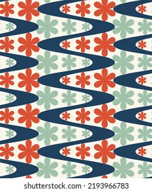 Abstract Wavy Stripes Floral Modulation Hypnotic Psychedelic Seamless Retro Pattern Trendy Fashion Colors Perfect for Allover Fabric Print or Wrapping Paper Concept Navy Blue Coral Tones