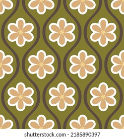 Abstract Wavy Stripes Flowers Retro Tile Style Geometrical Seamless Pattern Trendy Fashion Colors Perfect for Allover Fabric Print or Wrapping Paper Olive Green Brown Tones