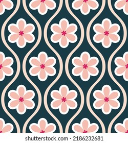 Abstract Wavy Stripes Flowers Retro Tile Style Geometrical Seamless Pattern Trendy Fashion Colors Perfect for Allover Fabric Print or Wrapping Paper Petrol Blue Pastel Pink Tones