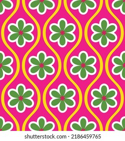 Abstract Wavy Stripes Flowers Retro Tile Style Geometrical Seamless Pattern Trendy Fashion Colors Perfect for Allover Fabric Print or Wrapping Paper Fuchsia Green Tones