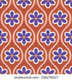 Abstract Wavy Stripes Flowers Retro Tile Style Geometrical Seamless Pattern Trendy Fashion Colors Perfect for Allover Fabric Print or Wrapping Paper Amber Brown Purple Tones