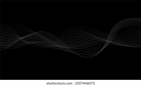 Abstract wavy stripes on dark, Abstract black and white grid wave line, isolated background. Curved smooth tape. Vector illustration.	