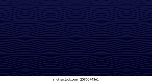 Abstract wavy stripes on a dark blue background. Minimalist symmetrical wave lines pattern. Distorted lines funky groovy texture in trendy retro style. Vector depth blue backdrop.
