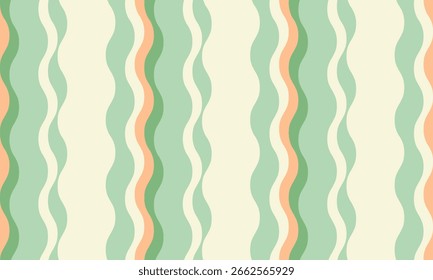Abstractas patrón de rayas onduladas en verde pastel, melocotón y crema.  Perfecto para el diseño textil, fondos de Sitio web y una marca vibrante.