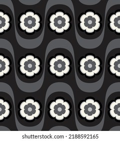 Abstract Wavy Stripes Retro Flowers Trendy Colors Vector Seamless Pattern Perfect for Allover Fabric Print or Wrapping Paper Black White Tones
