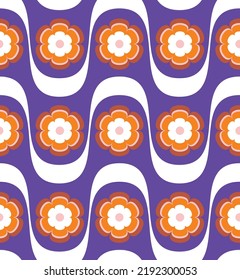 Abstract Wavy Stripes Retro Flowers Trendy Colors Vector Seamless Pattern Perfect for Allover Fabric Print or Wrapping Paper Electric Purple Orange Tones
