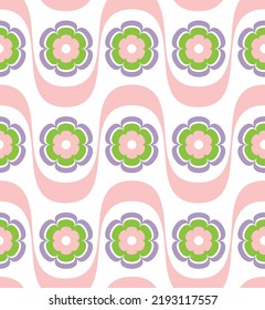 Abstract Wavy Stripes Retro Flowers Trendy Colors Vector Seamless Pattern Perfect for Allover Fabric Print or Wrapping Paper Pastel Pink White Green Tones