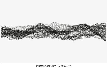 Abstract wavy structure made of shuffled round particles. Swarm of dots. Random rippled monochrome curved shape. Modern vector illustration. Element of design.