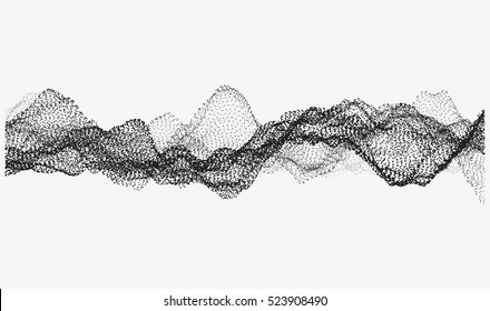 Abstract wavy structure made of shuffled round particles. Swarm of dots. Random rippled monochrome curved shape. Modern vector illustration. Element of design.