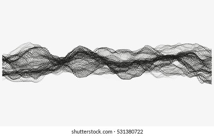 Abstract wavy structure made of shuffled round particles. Swarm of dots. Random rippled monochrome curved shape. Modern vector illustration. Element of design.