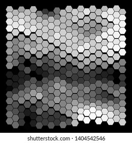 Abstract wavy surface consisting of hexagons of different colors against black background. Beautiful geometric composition. Vector illustration of a mosaic pattern. Hexagonal backdrop.