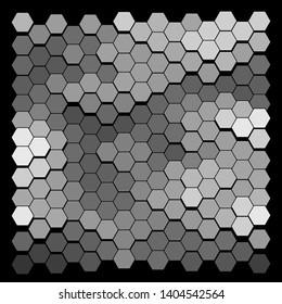 Abstract wavy surface consisting of hexagons of different colors against black background. Beautiful geometric composition. Vector illustration of a mosaic pattern. Hexagonal backdrop.