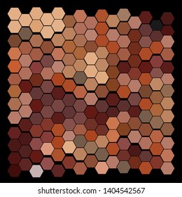 Abstract wavy surface consisting of hexagons of different colors against black background. Beautiful geometric composition. Vector illustration of a mosaic pattern. Hexagonal backdrop.