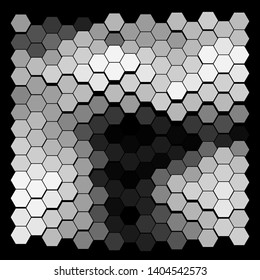 Abstract wavy surface consisting of hexagons of different colors against black background. Beautiful geometric composition. Vector illustration of a mosaic pattern. Hexagonal backdrop.