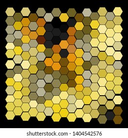 Abstract wavy surface consisting of hexagons of different colors against black background. Beautiful geometric composition. Vector illustration of a mosaic pattern. Hexagonal backdrop.