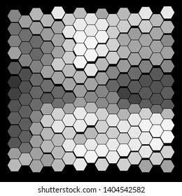 Abstract wavy surface consisting of hexagons of different colors against black background. Beautiful geometric composition. Vector illustration of a mosaic pattern. Hexagonal backdrop.