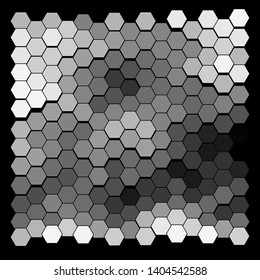 Abstract wavy surface consisting of hexagons of different colors against black background. Beautiful geometric composition. Vector illustration of a mosaic pattern. Hexagonal backdrop.