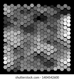 Abstract wavy surface consisting of hexagons of different colors against black background. Beautiful geometric composition. Vector illustration of a mosaic pattern. Hexagonal backdrop.