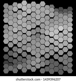 Abstract wavy surface consisting of hexagons of different colors against black background. Beautiful geometric composition. Vector illustration of a mosaic pattern. Hexagonal backdrop.