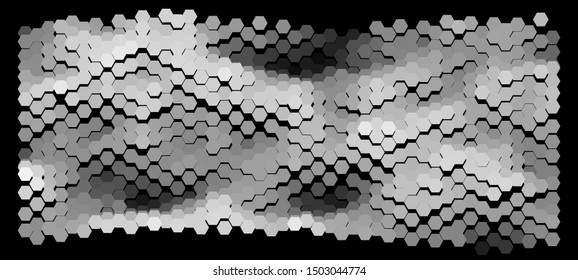 Abstract wavy surface consisting of hexagons of different colors against black background. Beautiful geometric composition. Vector illustration of a mosaic pattern. Hexagonal backdrop.