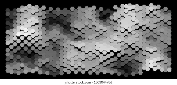 Abstract wavy surface consisting of hexagons of different colors against black background. Beautiful geometric composition. Vector illustration of a mosaic pattern. Hexagonal backdrop.