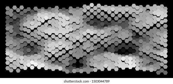 Abstract wavy surface consisting of hexagons of different colors against black background. Beautiful geometric composition. Vector illustration of a mosaic pattern. Hexagonal backdrop.
